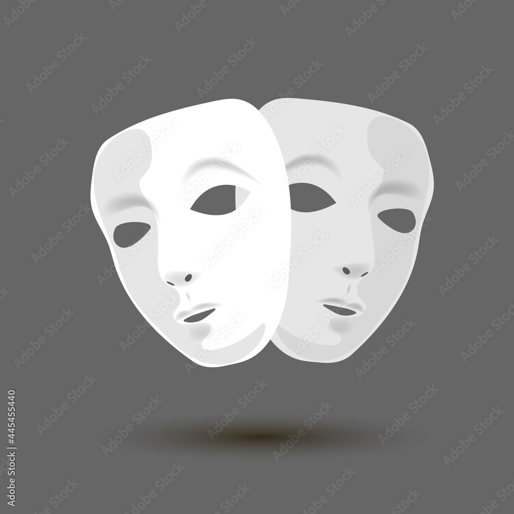 Theatrical masks in white on a dark background. Theatrical icon. Theater icon. Vector illustration. Theatrical masks in white on a dark background. Theatrical icon. Theater icon. Vector illustration.
