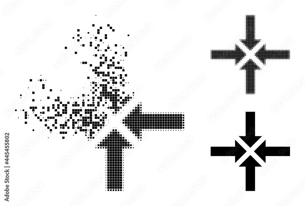 Dust pixelated compress arrows icon with wind effect, and halftone vector image. Pixelated erosion effect for compress arrows shows speed and motion of cyberspace items. Dust pixelated compress arrows icon with wind effect, and halftone vector image. Pixelated erosion effect for compress arrows shows speed and motion of cyberspace items.
