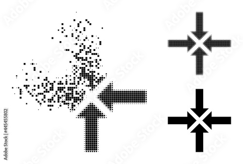 Dust pixelated compress arrows icon with wind effect, and halftone vector image. Pixelated erosion effect for compress arrows shows speed and motion of cyberspace items.