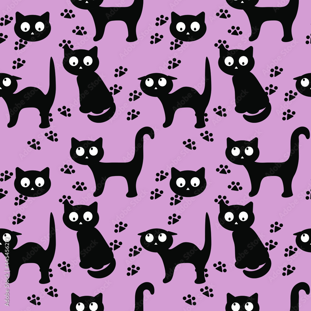 Seamless pattern with black cats on a light background. The vector is made in a flat style. Black cats in different poses. Suitable for textiles and packaging.