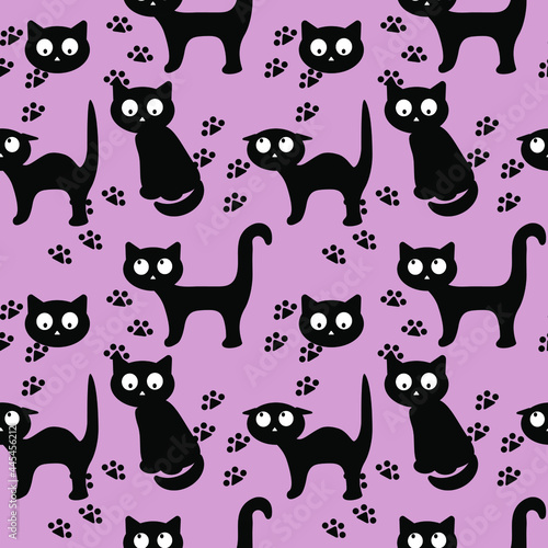 Seamless pattern with black cats on a light background. The vector is made in a flat style. Black cats in different poses. Suitable for textiles and packaging.