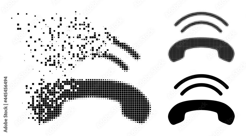Erosion dot phone ring icon with wind effect, and halftone vector icon. Pixelated creation effect for phone ring demonstrates speed and motion of cyberspace things. Erosion dot phone ring icon with wind effect, and halftone vector icon. Pixelated creation effect for phone ring demonstrates speed and motion of cyberspace things.