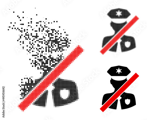 Broken pixelated closed police patrol icon with destruction effect, and halftone vector image. Pixelated dissipating effect for closed police patrol shows speed and motion of cyberspace matter.