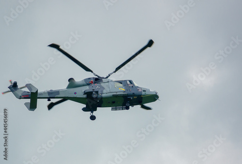 British army AgustaWestland AW159 Wildcat AH1 helicopter flying over Salisbury Plain (SPTA) UK