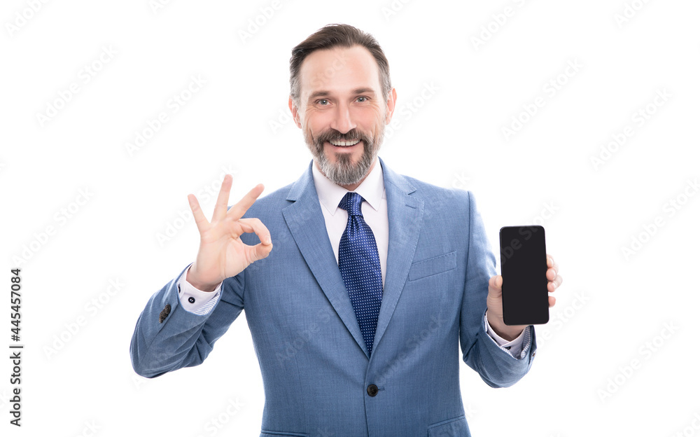 advertisement presentation. copy space. grizzled man presenting phone screen. advertisement presentation. copy space. grizzled man presenting phone screen.