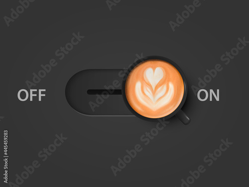 Coffee Power. Vector 3d Realistic Off, On Switch with Milk Foam Coffee in Black Mug. Capuccino, Latte. Concept Creative Banner. Design Template. Top View