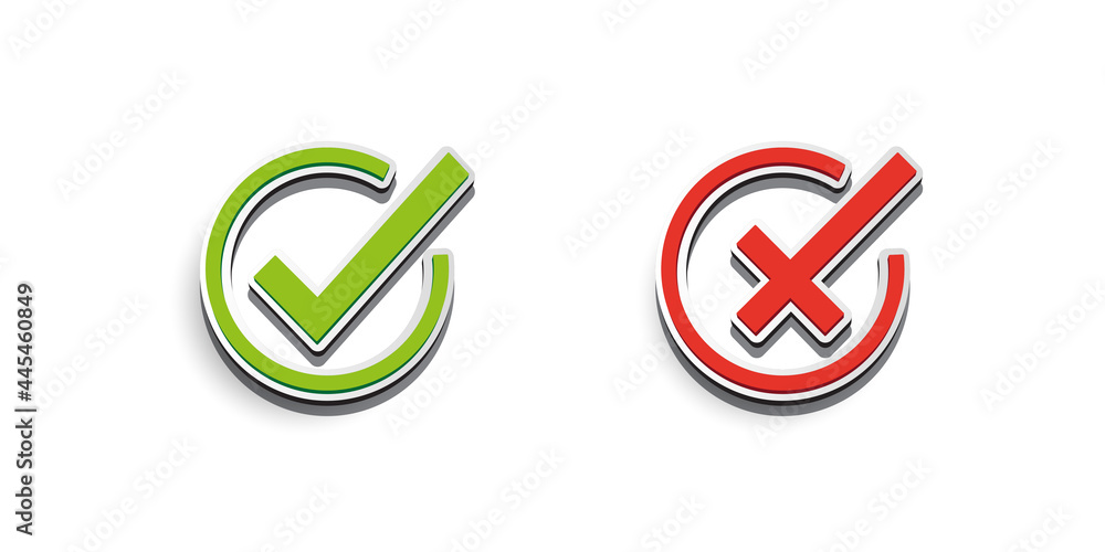 Green checkmark and red cross icon. symbol of approved and reject. Green checkmark and red cross icon. symbol of approved and reject.