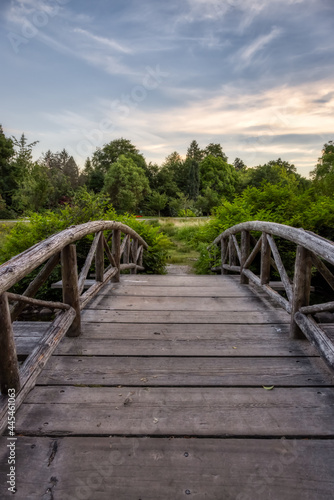 Wooden Bridge over the pond on a walking path in a famous Stanley Park. Sunset Summer Sky. Downtown Vancouver  British Columbia  Canada.
