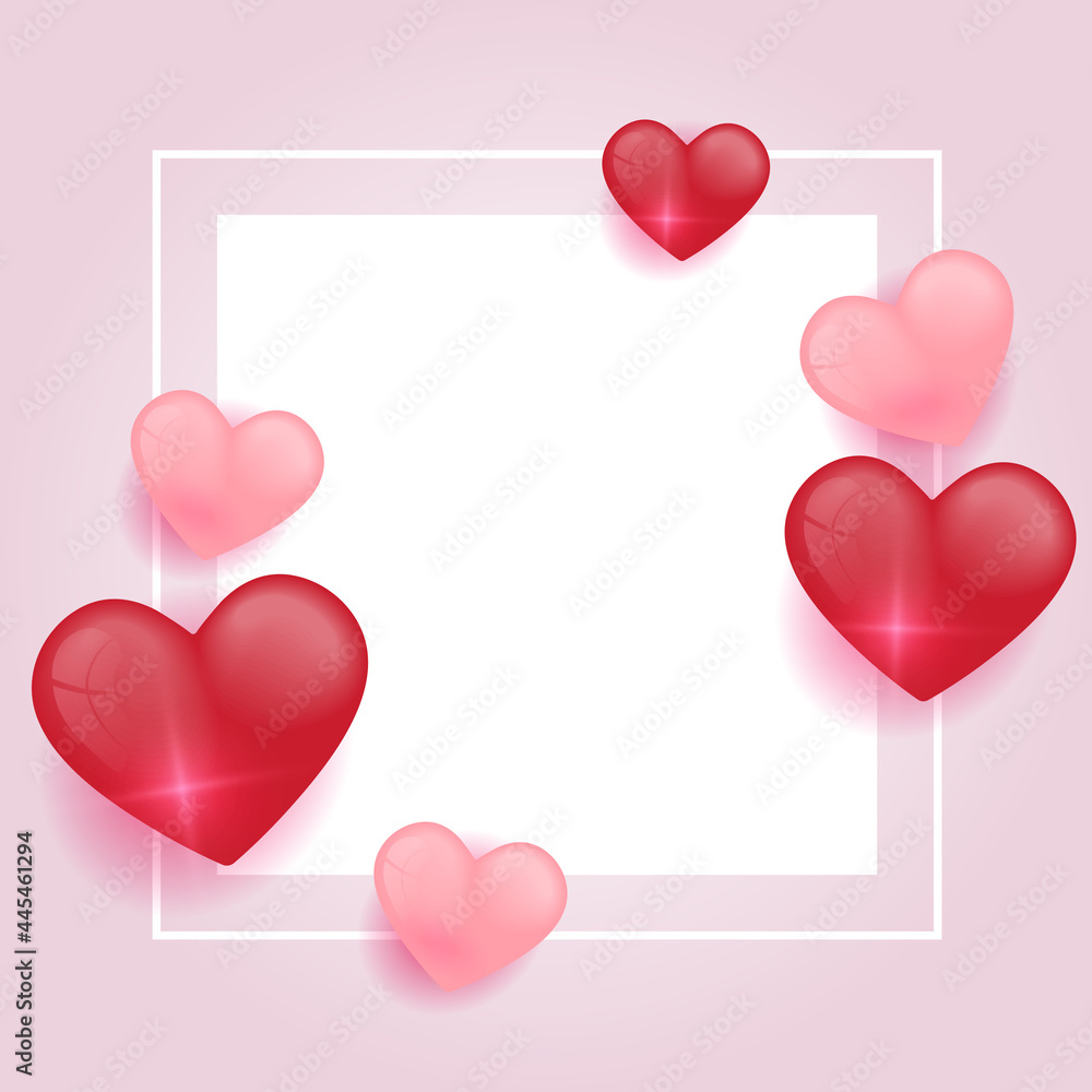 Love background with gift box postcard. Paper flying elements on pink background. Vector symbols of love in shape of heart for Happy Women's, Mother's, Valentine's Day, birthday greeting card design