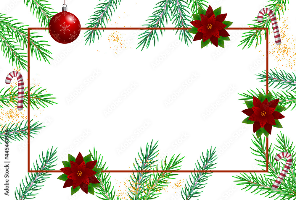 Christmas greeting card with fir twigs. Christmas border with fir branches with flowers, sweet candies. Vector background. Sweet Christmas greeting card with fir twigs. Vector background Christmas greeting card with fir twigs. Christmas border with fir branches with flowers, sweet candies. Vector background. Sweet Christmas greeting card with fir twigs. Vector background