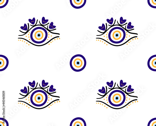 Seamless pattern with Turkish evil eye bead. Good luck. Turkish tile. Oriental ottoman design vector background. Perfect for wallpapers, pattern fills, web page backgrounds, surface textures, textile
