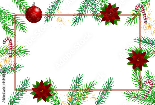 Christmas greeting card with fir twigs. Christmas border with fir branches with flowers, sweet candies. Vector background. Sweet Christmas greeting card with fir twigs. Vector background
