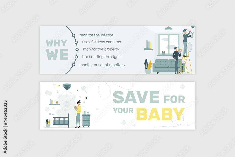 Banner. Video surveillance. CCTV. Remote access. Two men set up a video camera. Video surveillance in the children's room. Video surveillance of a woman with a baby. Vector illustration.