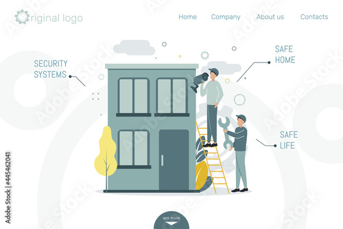 Site header. CCTV. Video surveillance. Remote access. Installing a video camera on the house. A man stands on the stairs and sets the camera. The second holds a wrench. Vector illustration.