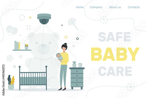 Site header. CCTV. Remote access. Video surveillance in the children s room. A woman hold a baby in her arms in the children s room. Vector illustration.