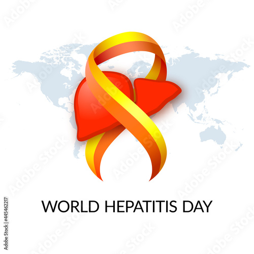 World hepatitis day. Liver. Hepatic disorder (cirrhosis, hepatic cancer, hepatitis). Red yellow ribbon. Medical vector illustration. Health care