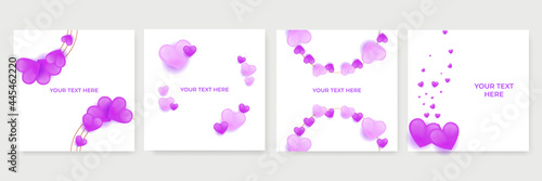 Happy Valentine's Day banner. Holiday background design with big heart made of pink, red and blue Origami Hearts on black fabric background. Horizontal poster, flyer, greeting card, header for website