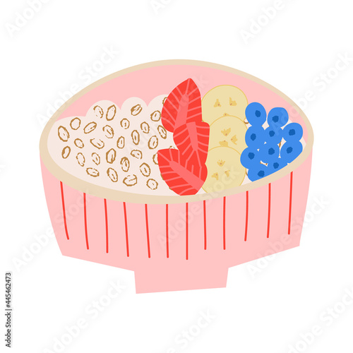 Oatmeal porridge bowl with banana and berries. Healthy yummy breakfast. Flat hand drawn textured vector illustration. Cute sweet vegan food for morning.