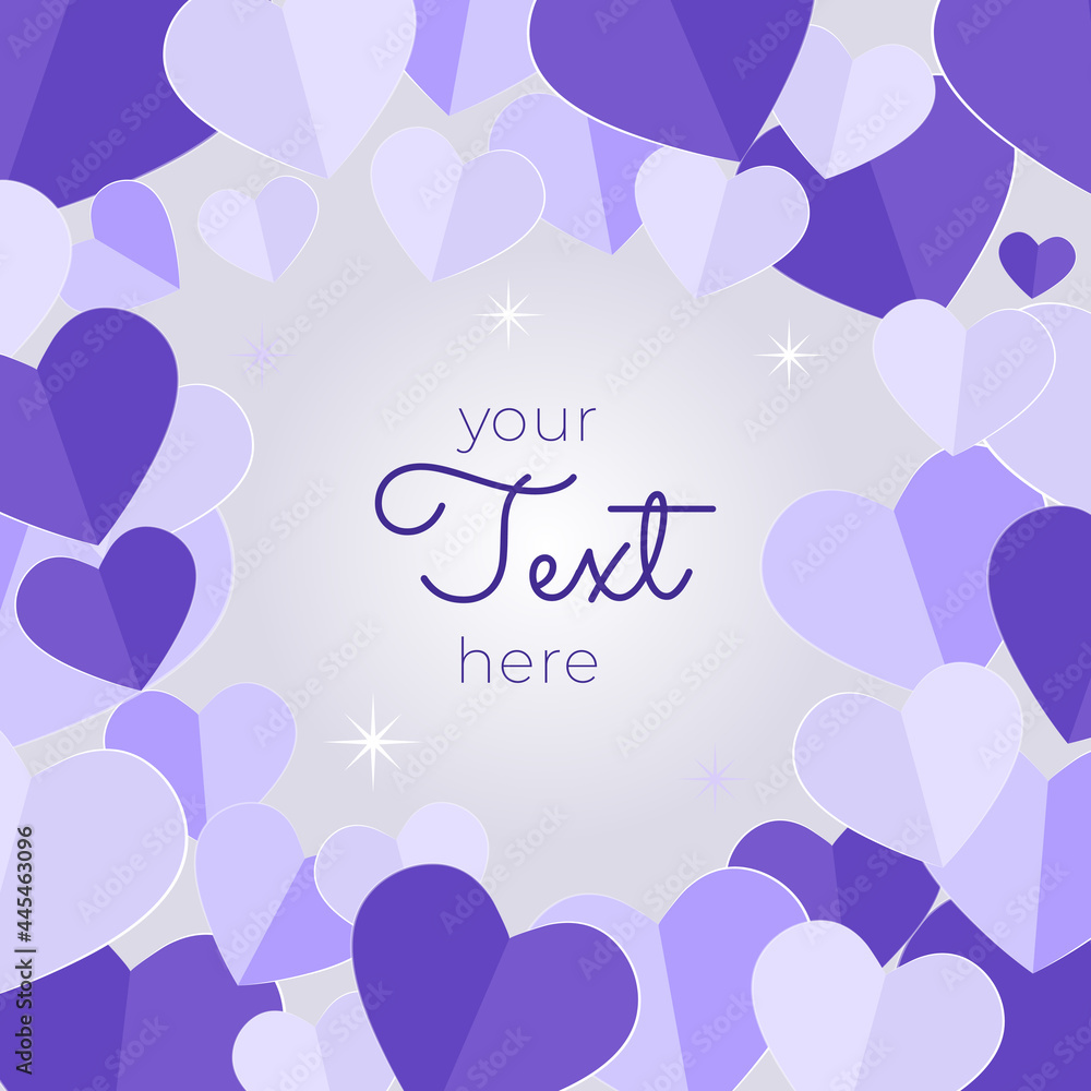 Purple valentine love background with balloon, sky, gift and sun. Purple Love Heart Symbol Polygon Style Vector Illustration
