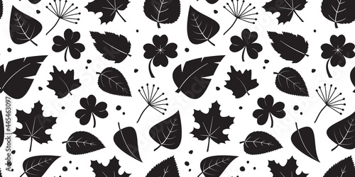 Leaf plant vector seamless pattern, nature print, leaves different shapes, black silhouettes isolated on white background. Repeat illustration