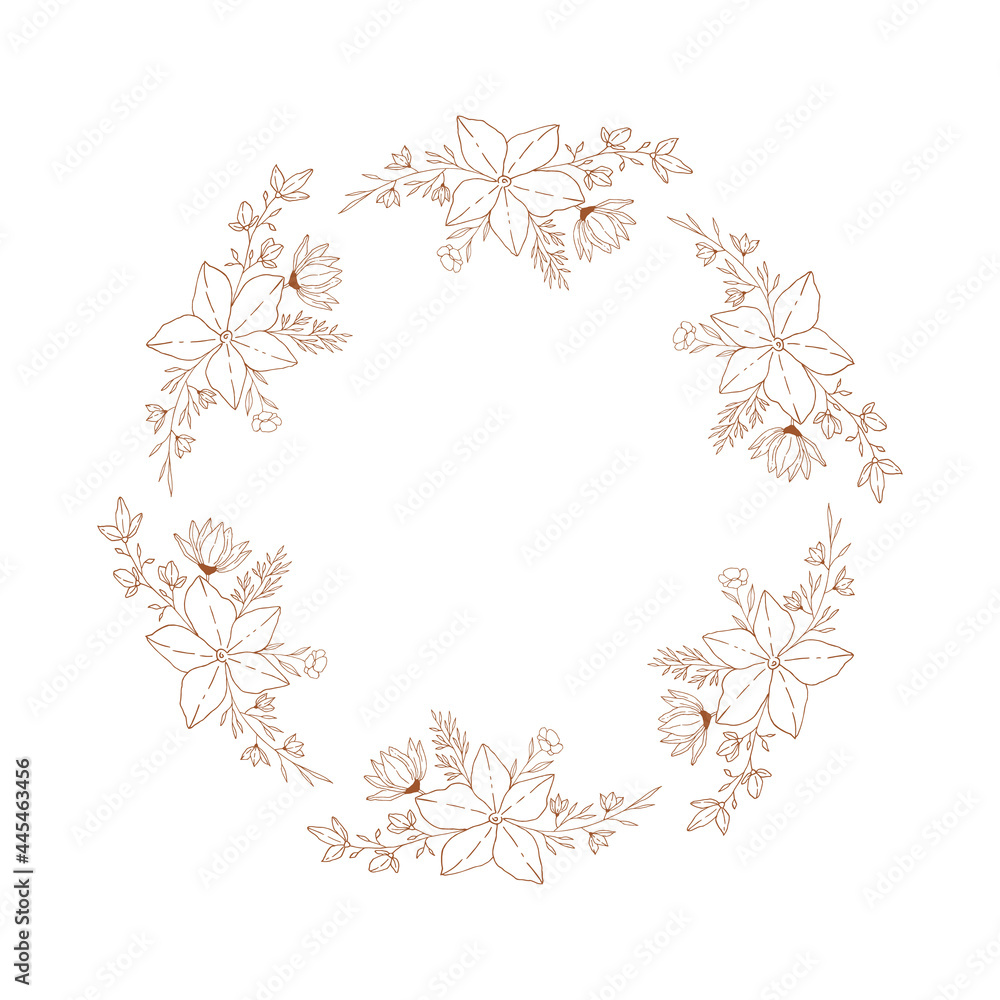 Decorative floral wreath with hand drawn nature design elements. Vector isolated illustration.