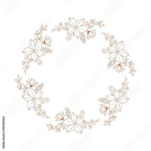 Decorative floral wreath with hand drawn nature design elements. Vector isolated illustration.