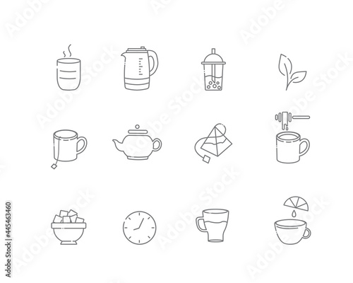Tea linear icons. Everything for tea drinking. Vector