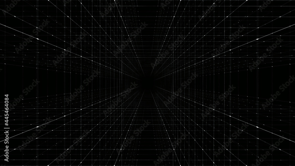 Grid tunnel of dots and lines. Plexus Technology background.