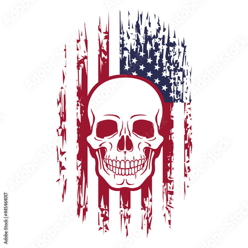 Human skull on grunge style American flag background. Vector illustration, template for T-shirt print, poster, etc.