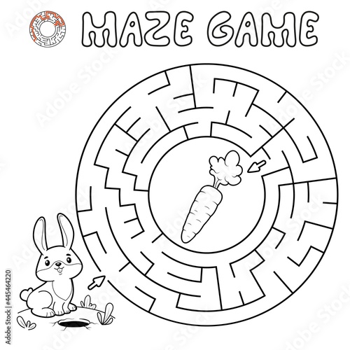 Maze puzzle game for children. Outline circle maze or labyrinth game with rabbit. Vector illustrations photo