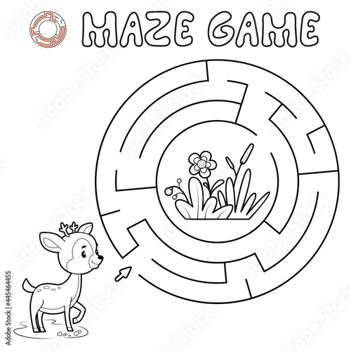 Maze puzzle game for children. Outline circle maze or labyrinth game with deer. Vector illustrations