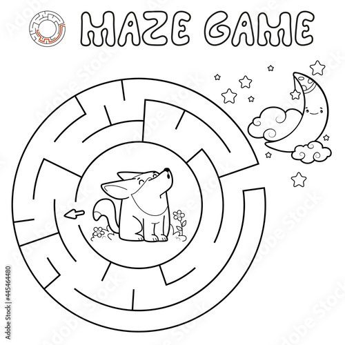 Maze puzzle game for children. Outline circle maze or labyrinth game with wolf. Vector illustrations