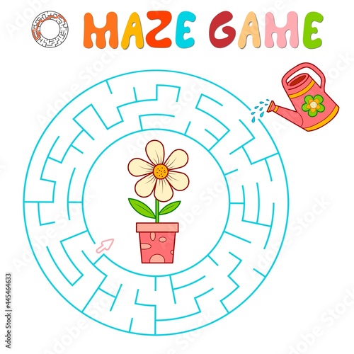 Maze puzzle game for children. Circle maze or labyrinth game with flower. Vector illustrations