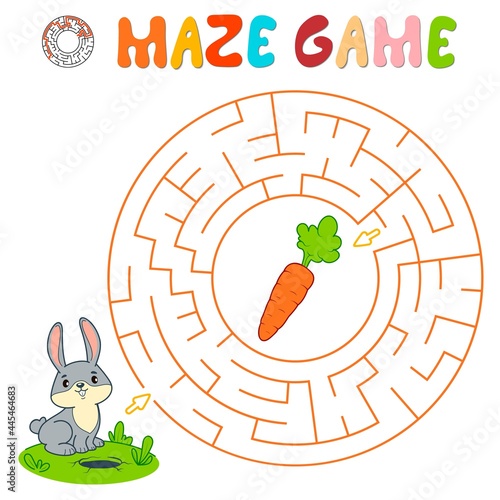 Maze puzzle game for children. Circle maze or labyrinth game with rabbit. Vector illustrations