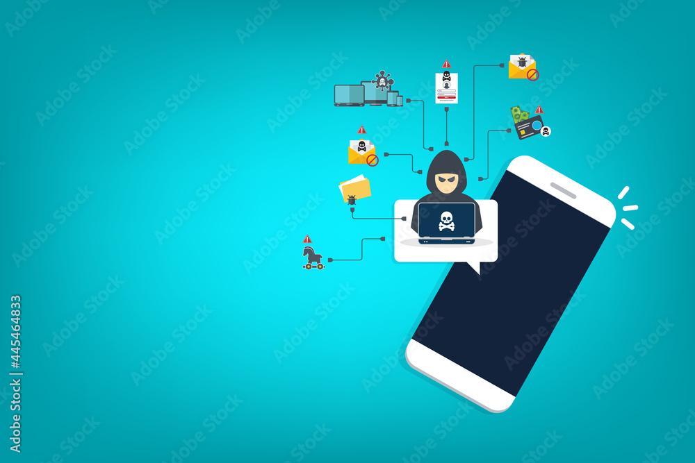 Hacker, malware notification on mobile phone. Smartphone with hacker alert, spam data on cellphone fraud error message, scam, virus. Flat vector illustration. Hacker, malware notification on mobile phone. Smartphone with hacker alert, spam data on cellphone fraud error message, scam, virus. Flat vector illustration.