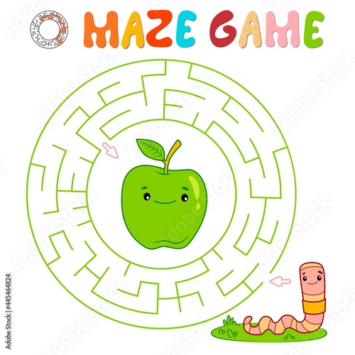 Maze puzzle game for children. Circle maze or labyrinth game with worm. Vector illustrations