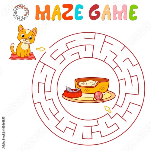 Maze puzzle game for children. Circle maze or labyrinth game with cat. Vector illustrations