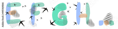 Set of  hand drawn letters E, F, G, H. Flock of swallows is flying. Abstract objects, spots, dots, shadows with black ink and feathers. Vector illustration, birds, pastel colors.