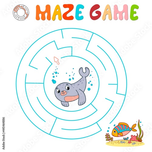 Maze puzzle game for children. Circle maze or labyrinth game with seal. Vector illustrations