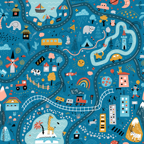Travel around the world play mat for children. Baby land map vector seamless pattern. Kid carpet with cute doodle roads, nature, city, village, forest, sea and wild animals. Blue background