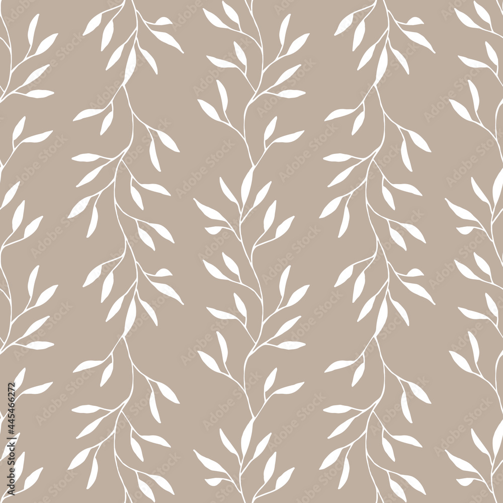 Fototapeta premium Beige seamless pattern with leaves. Hand drawn nature illustration.