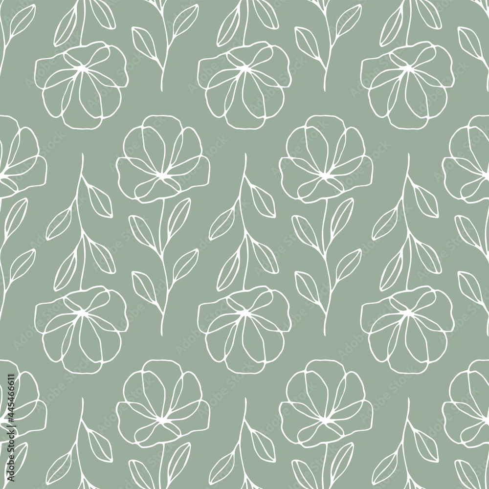 Green seamless pattern with simple flowers. Vector nature illustration.