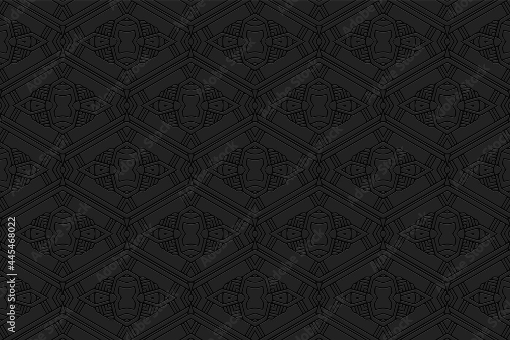 3D volumetric convex embossed black background. Ethnic oriental, asian, indian pattern with handmade elements. Geometric original ornament for design and decoration.