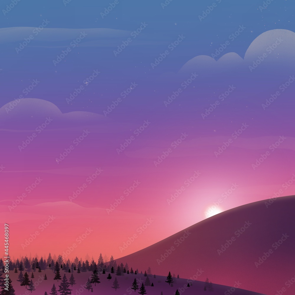 Fototapeta premium Flat style illustration of hills on the sunset colorful background. Landscape hand drawn wallpaper