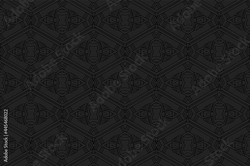 3D volumetric convex embossed black background. Ethnic oriental, asian, indian pattern with handmade elements. Geometric original ornament for design and decoration.