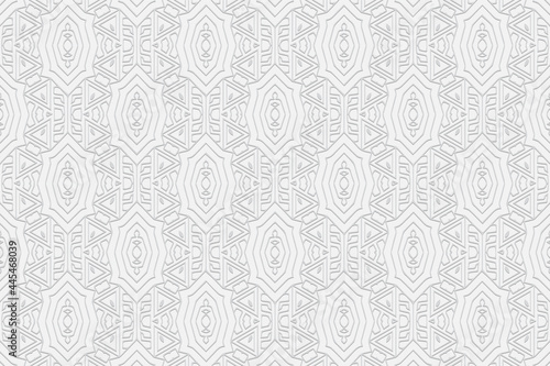3D volumetric convex embossed white background. Ethnic oriental, asian, indian pattern with handmade elements. Geometric beautiful ornament for design and decoration.