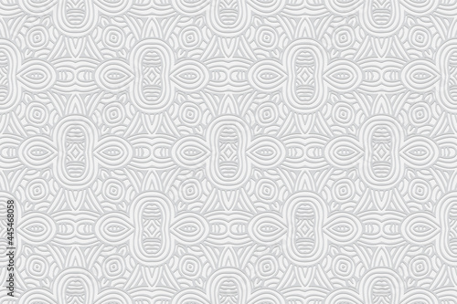 3D volumetric convex embossed white background. Ethnic oriental, asian, indian pattern with handmade elements. Geometric exotic ornament for design and decoration.