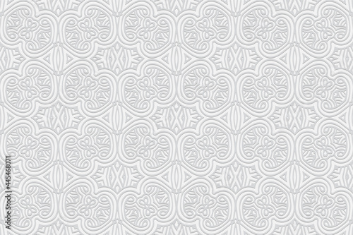 3D volumetric convex embossed white background. Ethnic oriental, asian, indian pattern with handmade elements. Geometric stylish ornament for design and decoration.