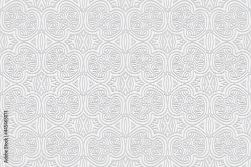 3D volumetric convex embossed white background. Ethnic oriental, asian, indian pattern with handmade elements. Geometric stylish ornament for design and decoration.