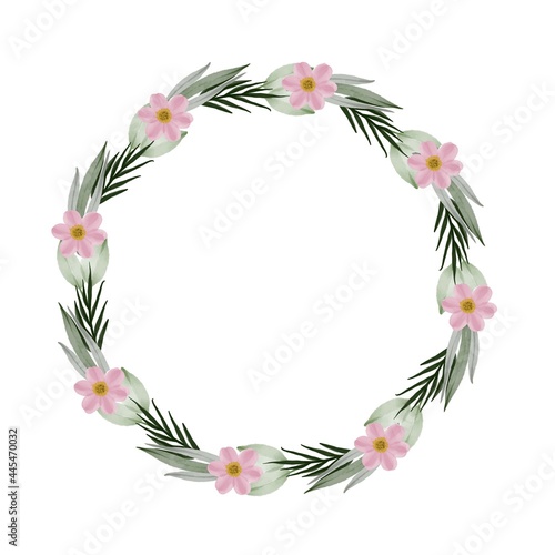 circle frame with pink flower and pale green leaf border  pink wreath